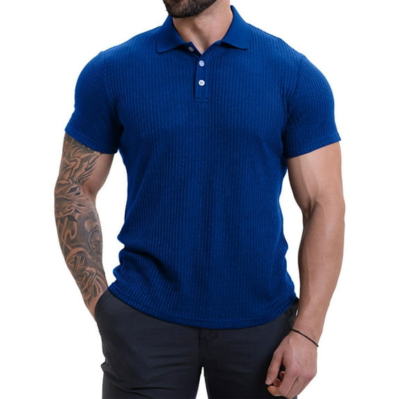 Fznquz Short Sleeve Mens Shirts Casual Polo Blue T-Shirts Summer Button Solid Color Mens Clothing M