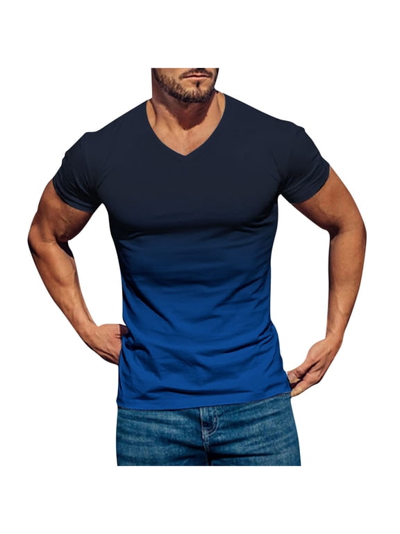 Short Sleeve Mens T-Shirts Under $5 Blue V Neck Gradient Summer Tshirts XXXXL