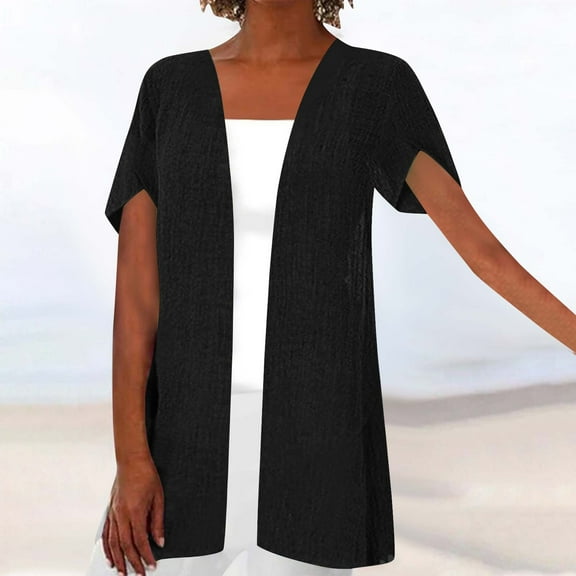 Fznquz Short Sleeve Summer Cardigan for Women Open Front Black Casual Cardigan Cover Up Lightweight Fall Tops Women