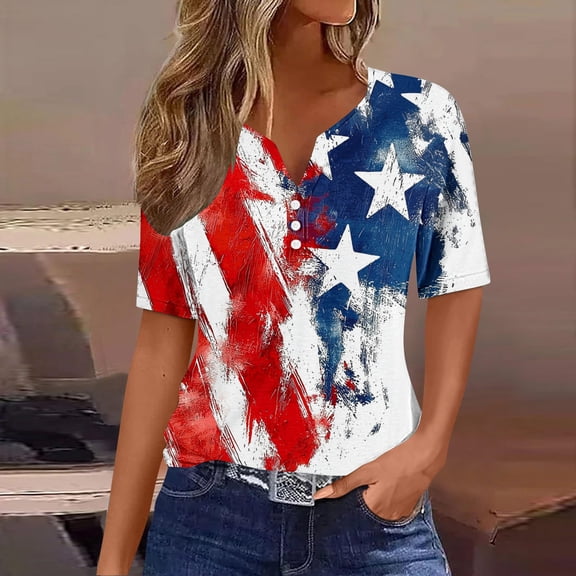 Fznquz Short Sleeve Summer Tops for Women 4th of July Patriotic Blouses Independence Day V Neck Red Womens Blouses Casual
