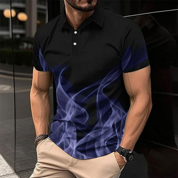 Fznquz Short Sleeve T Shirts for Men Under $5 Button-Up Polos Blue Flame Print Collared Big & Tall T Shirts XXL
