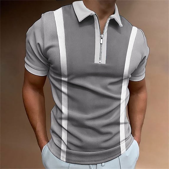 Fznquz Short Sleeve Tee Shirts Mens Dress Casual Gray Color Block Zip Up Collared Boys Shirts S