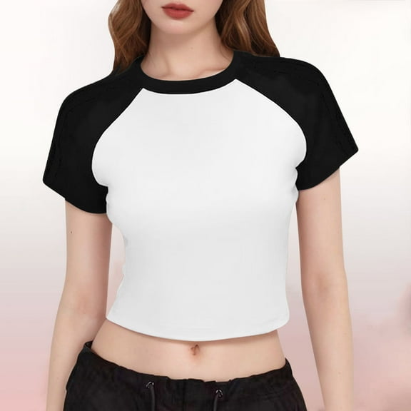 Fznquz Short Sleeve Tops for Women Basic Summer Crop Tops Black Raglan Trendy Sexy 2025 Womens Plus Size Blouses