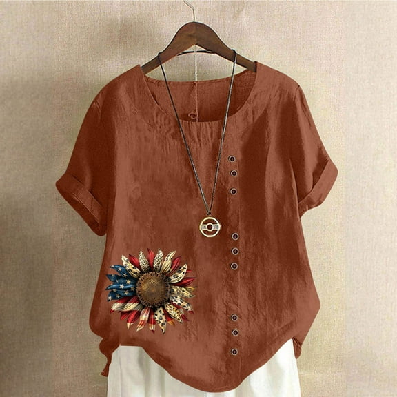Fznquz Short Sleeve Tops for Women Casual July 4th Shirt Patriotic Crew Neck Spring Summer Brown Button Womens Tshirts