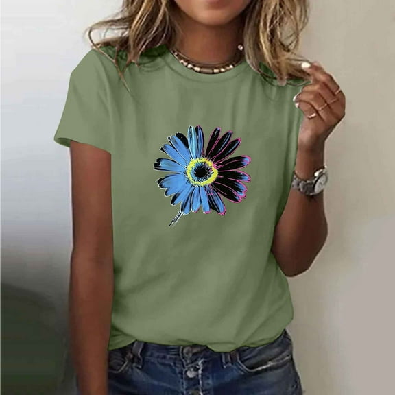 Fznquz Short Sleeve Tops for Women Casual Summer Shirts Graphic Print 2025 Crew Neck Green Women's Blouses