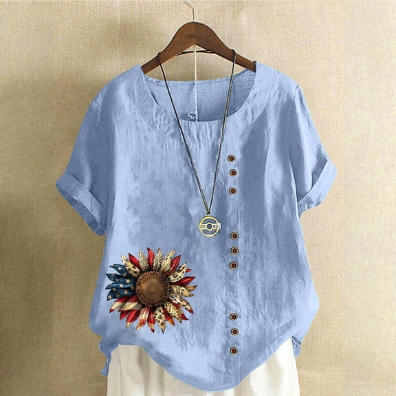 Fznquz Short Sleeve Tops for Women July 4th Casual Shirt Blue Crew Neck Button Patriotic Summer Plus Size Blouses for Women