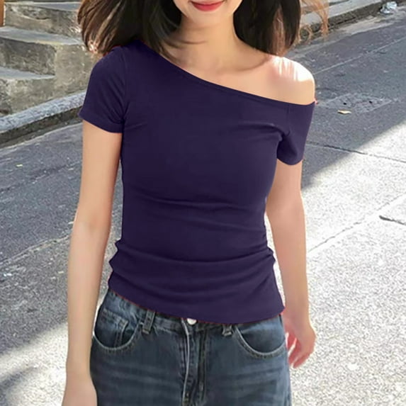 Fznquz Short Sleeve Tops for Women Plain One Shoulder Shirts Summer Blue Dressy Casual Blouses for Women Plus Size