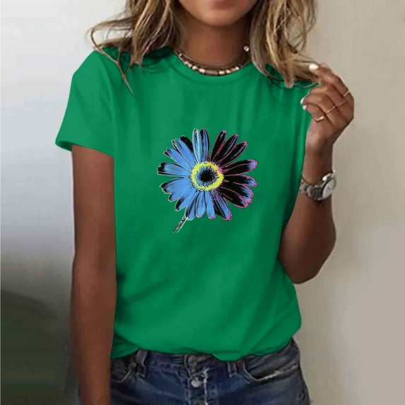 Fznquz Short Sleeve Trendy Tops for Women 2025 Casual Summer Shirts Green Graphic Print Crew Neck Spring Blouses for Women
