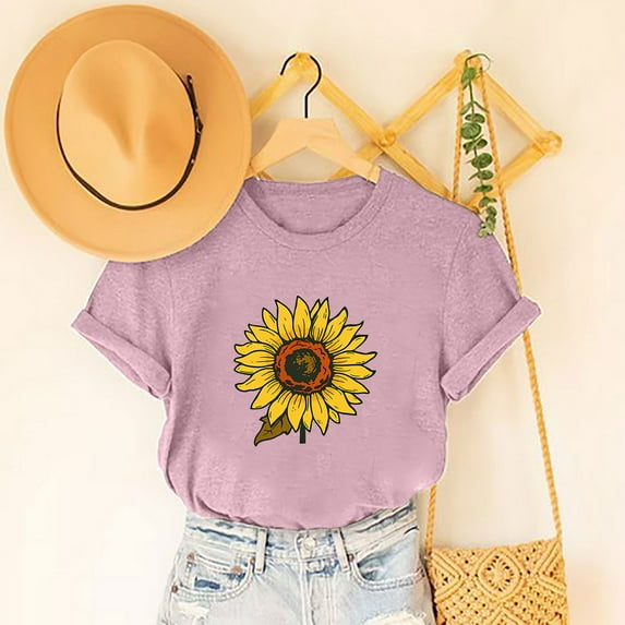 Fznquz Short Sleeve Women's Tops Casual Pink Plus Size Shirts Summer Crew Neck Sunflower Blouses for Women Under $10