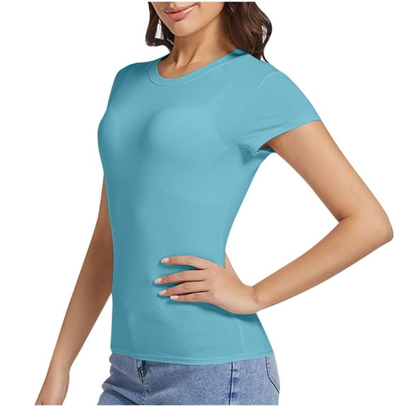 Fznquz Short Sleeve Women's Tops Plain Basic Tshirts Blue Crewneck Casual Solid Summer Shirts for Women