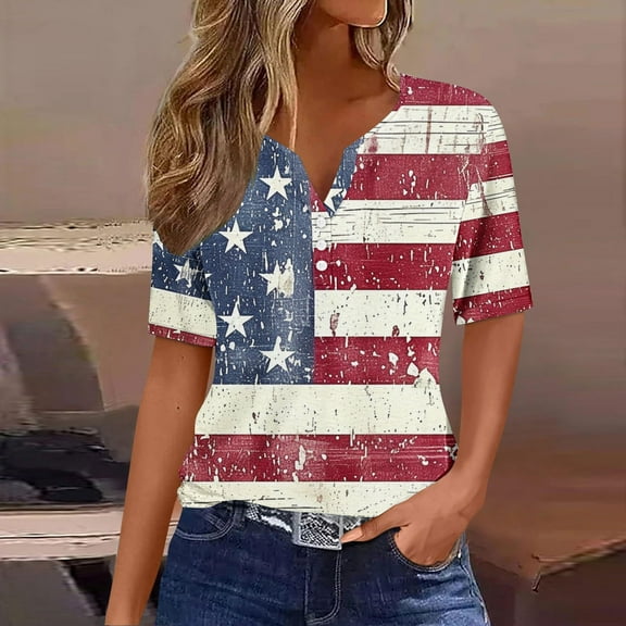 Fznquz Short Sleeve Womens Plus Size Tops Patriotic July 4th Tops Heart Printed V Neck 2025 Red Independence Day Shirt