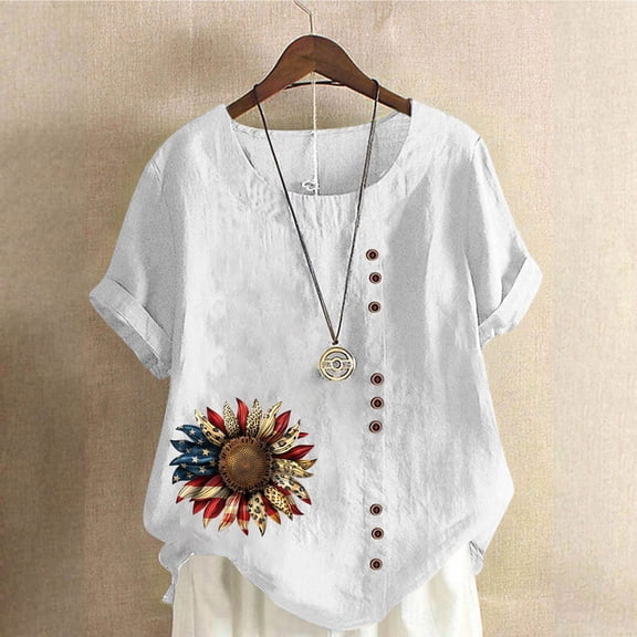 Fznquz Short Sleeve Womens Summer Tops July 4th Casual Shirt Button White Patriotic Crew Neck Plus Size Blouses for Women