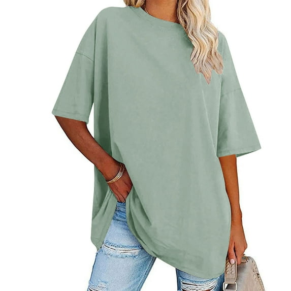Fznquz Short Sleeve Womens T-Shirts Green Casual Fashion T Shirt Crew Neck Plus Size Solid Color Ladies Blouse