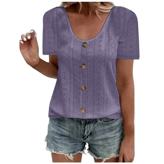 Fznquz Short Sleeve Womens Tops Under $5 Button Down Dressy Casual Purple Shirts Summer Plus Size Crew Neck Womens Short Sleeve Blouses