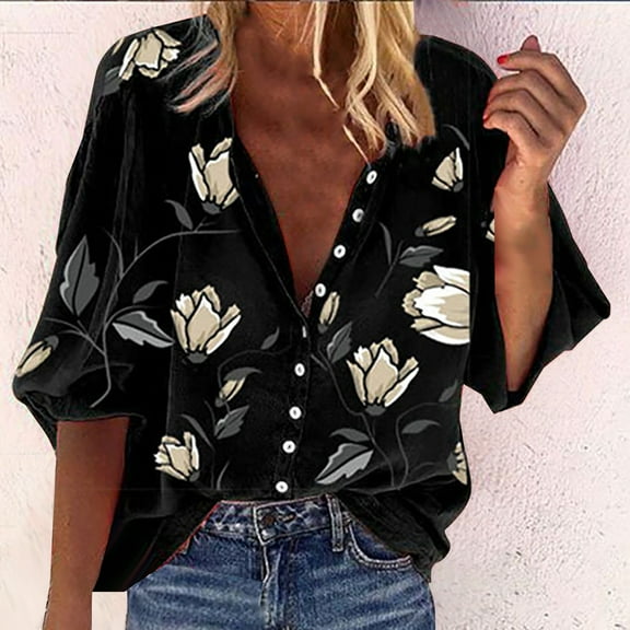 Fznquz Short Sleeve Womens Tshirt Button Down Black Hawaiian Shirts Floral Beach Summer Casual Womens Tops XXL