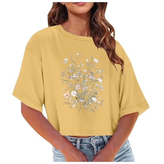 Fznquz Short Sleeve Womens Work Tops Crop Casual Yellow T Shirt Crew Neck Sexy Floral Blouses