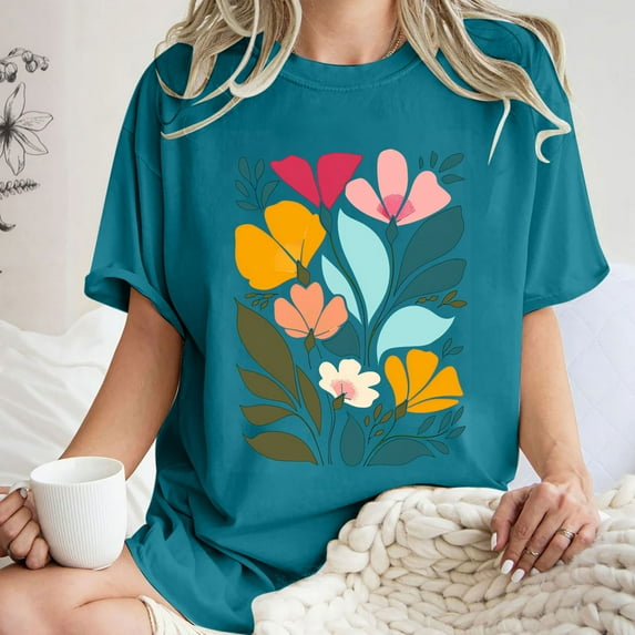 Fznquz Short Sleeve Workout Tops for Women Dressy Casual Blue Floral Shirts Loose Fit Crew Neck Summer Women Blouses