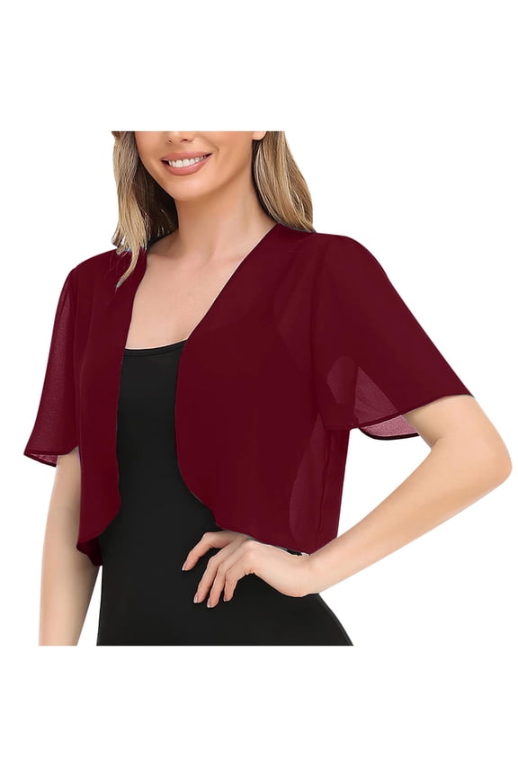 Shrug Cardigans for Women Trendy Summer Short Sleeve Red Chiffon Cardigans Cover Up Open Front Cropped Lightweight Coat