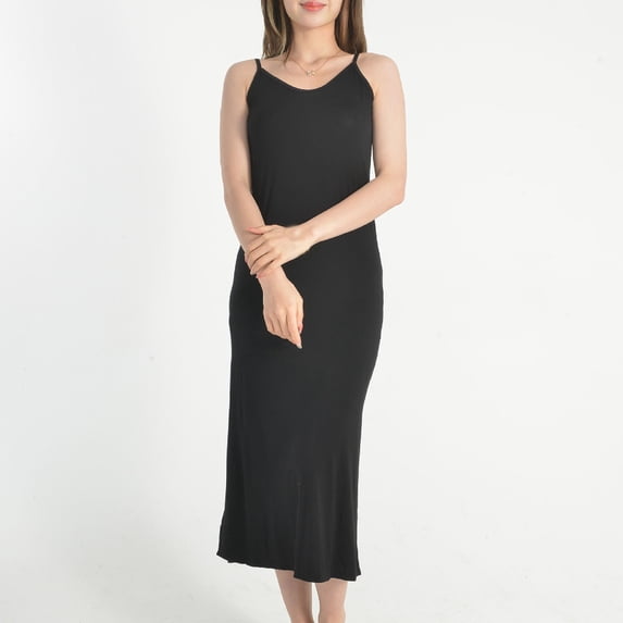 Fznquz Sleeveless Ladies Nightgowns V Neck Sleepwear Lounge Dress Plain Soft Spaghetti Straps Black Sleepwear