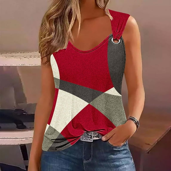Fznquz Sleeveless Tank Tops for Women Red Summer Color Block Tank Tops Trendy Casual O Ring Shoulder Clothing