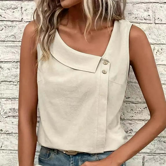 Fznquz Sleeveless Womens Plus Size Tops Work Plain Shirt Casual Tank Tops Summer Beige Button Women's Blouses