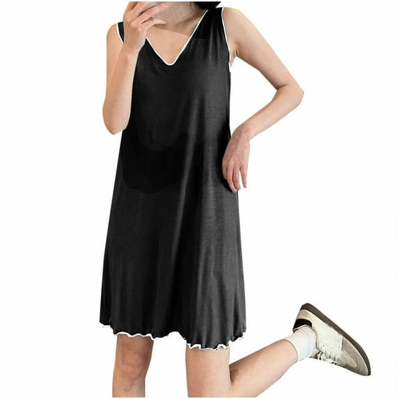 Fznquz Sleevveless Nightgowns for Women Plus Size Tank Sleepwear Sleepshirts Black Soft Comfy Casual Night Shirts