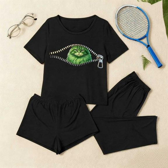 Fznquz Soft Ladies Pajamas Sets 3 Piece Winter Christmas Pajamas Short Sleeve Casual Tops and Shorts Pants Lounge Set