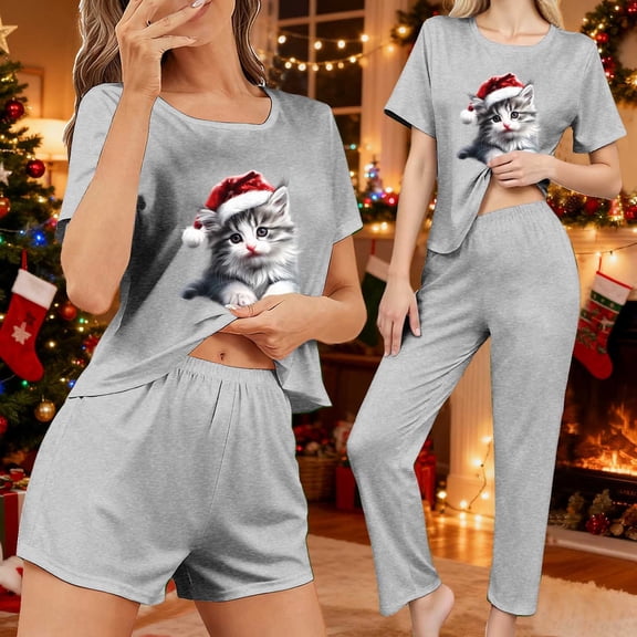 Fznquz Soft Ladies Pajamas Sets Christmas Winter Pajama 3 Piece Short Sleeve Casual Tops and Shorts Pants Women's Pj Sets