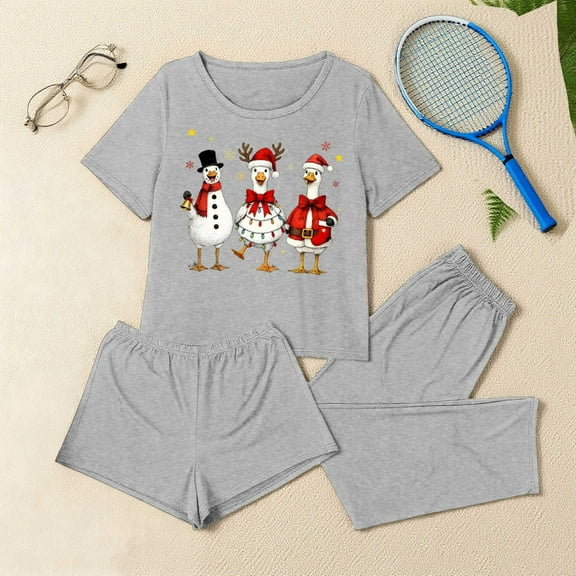 Fznquz Soft Warm Pajamas for Women Winter 3 Piece Christmas Outfits Casual Short Sleeve Tops and Shorts Pants Womens Pj Set
