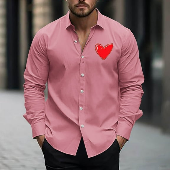 Fznquz Spring Big and Tall Shirts for Men Pink Long Sleeve Valentine's Day Shirt Heart Graphic Collareds Clothes