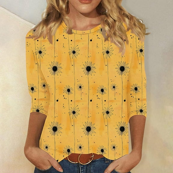 Fznquz Spring Tops Women 3/4 Length Sleeve 2025 Yellow T Shirts Floral Print Soft Loose Fit Ladies Blouses
