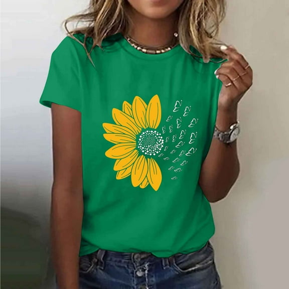 Fznquz Spring Tops for Women 2025 Crew Neck Short Sleeve Shirts Graphic Print Casual Green Ladies Summer Tops