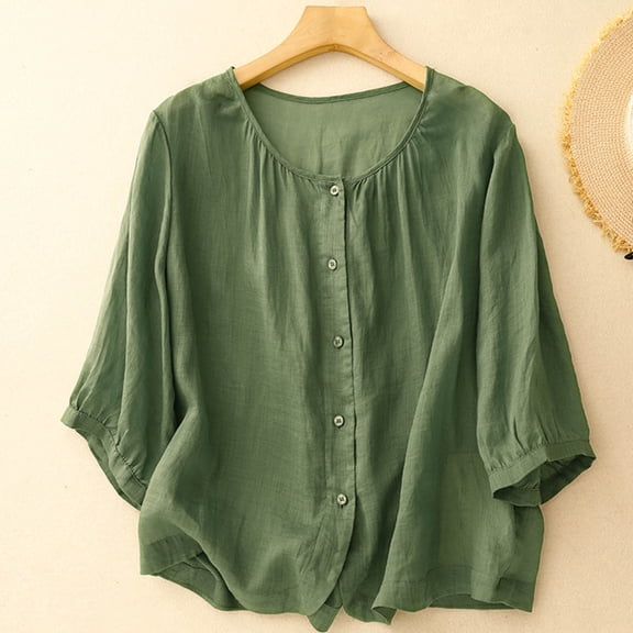Fznquz Spring Tops for Women Button Down 3/4 Sleeve Cotton Linen Shirt Plain Summer Green Casual Shirts for Women