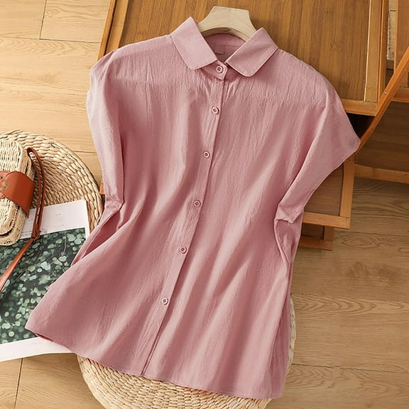 Fznquz Spring Tops for Women Cotton Button Down Batwing Tops Pink Casual Summer Plain Blouses for Women Plus Size