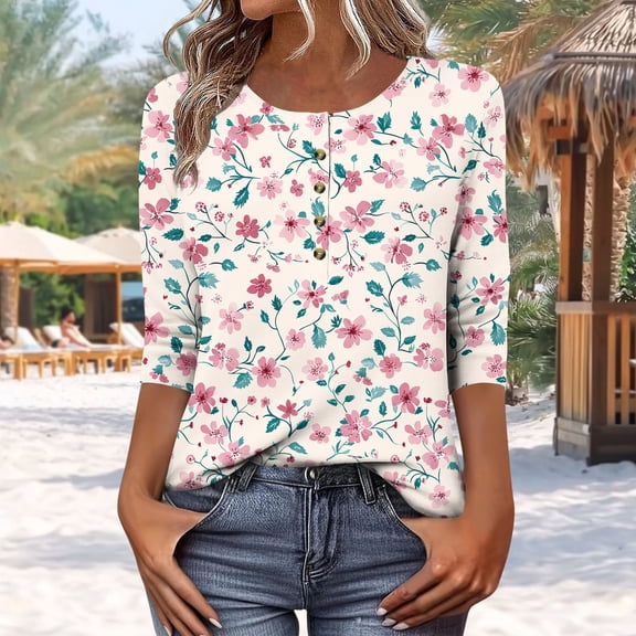Fznquz Spring Tops for Women Trendy Summer Casual 3/4 Length Sleeve Tops Button Pink Elegant Floral Round Neck Shirts Women