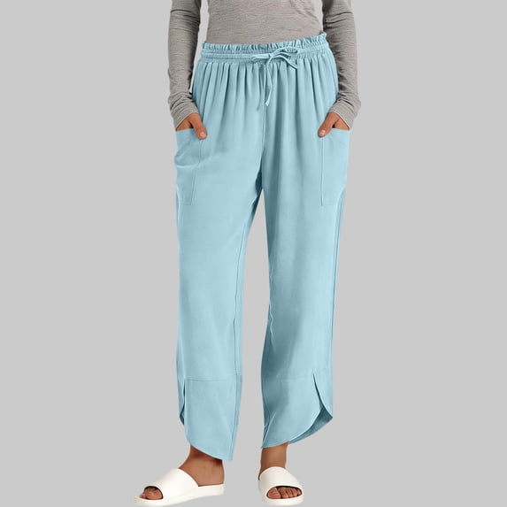 Fznquz Straight Leg Relaxed Fit Cotton Linen Pants for Women Full Length Drawstring Pockets,S