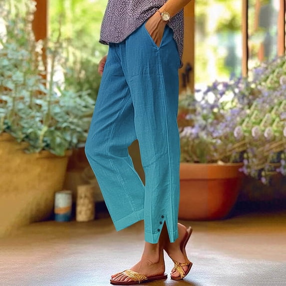 Fznquz Straight Leg Relaxed Fit Cotton Linen Pants for Women Full Length Elastic Waist Pockets,M
