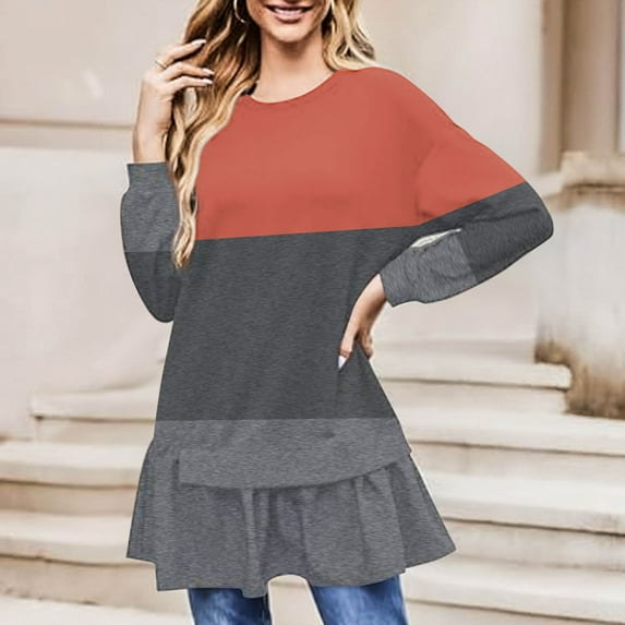 Fznquz Striped Women’S Blouses Crewneck Long Sleeve Gray Shirt Dress Peplum Color Block Flowy Casual Fall Clothes for Women