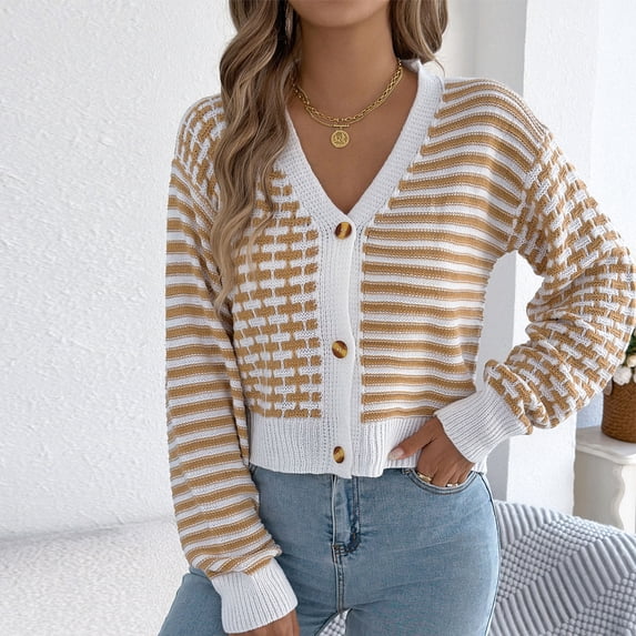 Fznquz Striped Women Sweaters Long Sleeve Yellow Knit Sweater Button Down Knit Open Front Blouses
