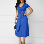 Fznquz Summer Dresses Elegant Wrap High Waist Gown, Sexy Prom Wedding Guest Ladies Dress Blue