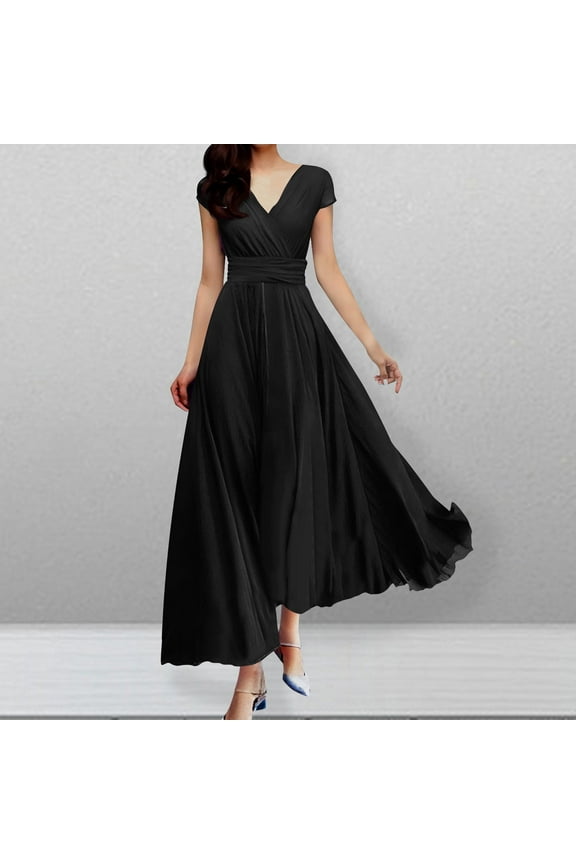 Summer Dresses Wrap High Waist Elegant Gown, Prom Wedding Guest Sexy Ladies Dress Black