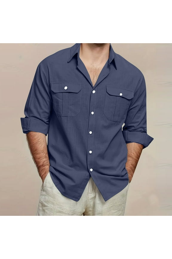 Summer Men's Shirts Button Down Plain Linen Shirts Pockets Blue Casual Cotton Clothes