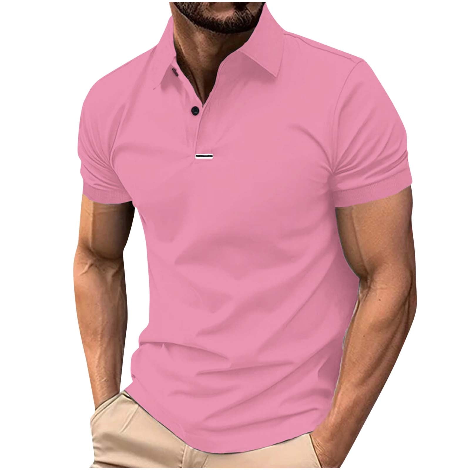 Fznquz Summer Mens Golf Shirt Casual Short Sleeve Pink Polo Plain