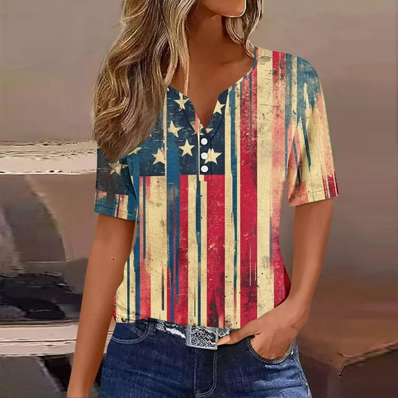 Fznquz Summer Plus Size Tops for Women Independence Day Short Sleeve Tops 4th of July Patriotic Casual Red Shirts for Women