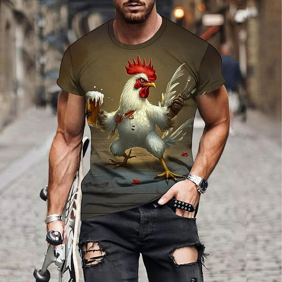 Fznquz Summer T Shirts for Men Green Crewneck Short Sleeve Tee Animal Print Casual Cute Graphic Men Clothing L