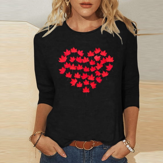 Fznquz Summer Tops for Women 2024 Fashion Black 3/4 Sleeve Casual T Shirts for Women Summer Fall Love Print Crew Neck Women’S Blouses