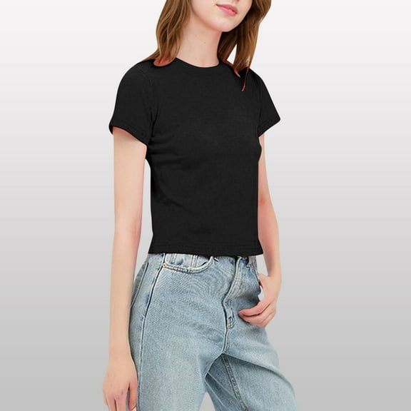 Fznquz Summer Tops for Women 2025 Plain Plus Size Basic Tees Crew Neck Short Sleeve Black Summer Blouses for Women