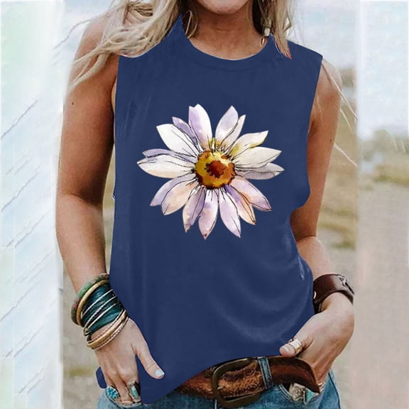 Fznquz Sunflower Summer Tops for Women 2025 Trendy Crew Neck Sleeveless Casual Plus Size Blue Loose Boho Flowy Tank Tops for Women