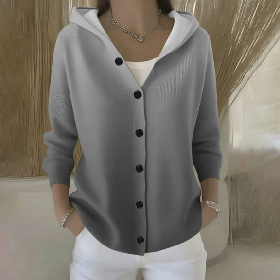 Fznquz Sweater for Women Knitted Button Down Hooded Sweater Gray Cardigan Trendy Solid Women's Tops
