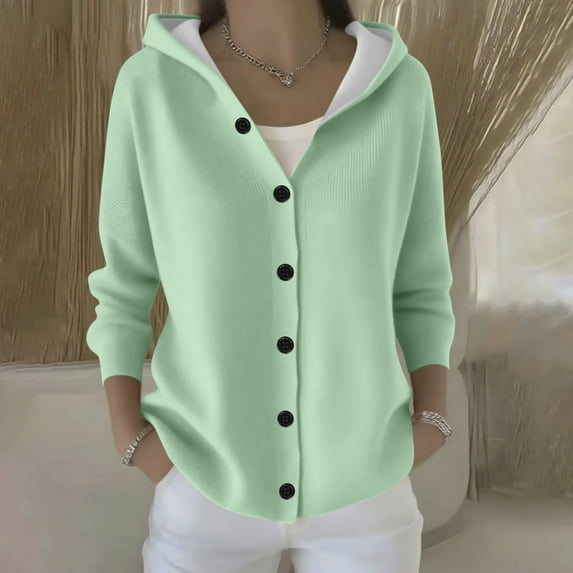 Fznquz Sweaters for Women 2025 Trendy Hooded Knitted Button Down Sweater Solid Cardigan Green Blouses for Women